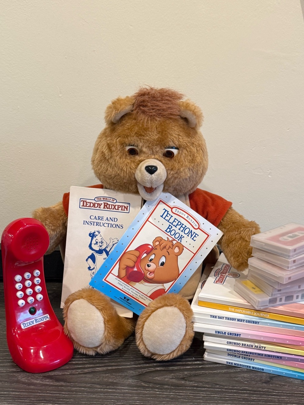 Teddy Ruxpin talking reading along bear books cassettes phone jacket Working
